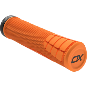 Nahaufnahme eines orangefarbenen Fahrradlenkergriffs mit Texturmustern, einem 'OX'-Logo und 'TOP'-Anzeige.